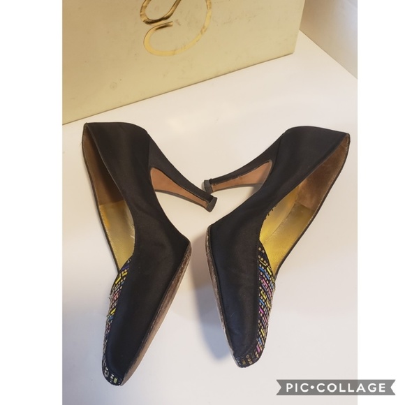 ST.John Black & Multi Color Emblished Satin Pumps - Picture 2 of 8